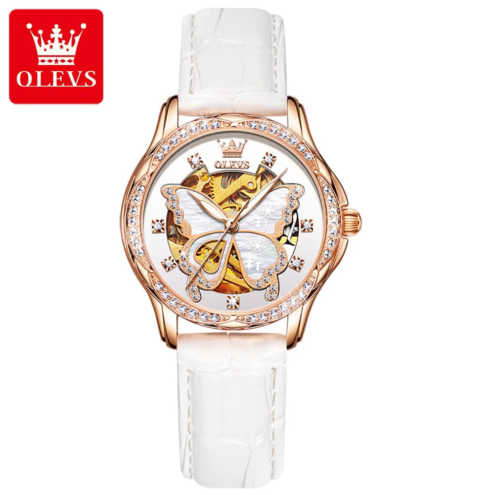 OLEVS 6622 Uhr für Damen, Schmetterlingszifferblatt, Luxus-Mechanik-Damenuhr, wasserdicht, leuchtend, Diamant, Damen, Automatik-Handuhr