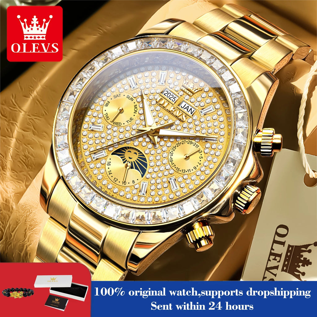 OLEVS 7038 Luxuriöse Diamant-Automatik-Herrenuhr mit Mondphase, Datumsanzeige, 30 m wasserdicht, Edelstahl-Herrenarmbanduhr