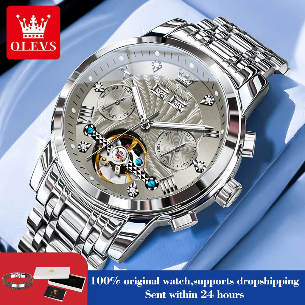 OLEVS 7088 Herrenuhr Mode Kalender Mechanische Uhr für Herren Original Hohl-Stahlarmband Business Armbanduhr Tief Wasserdicht