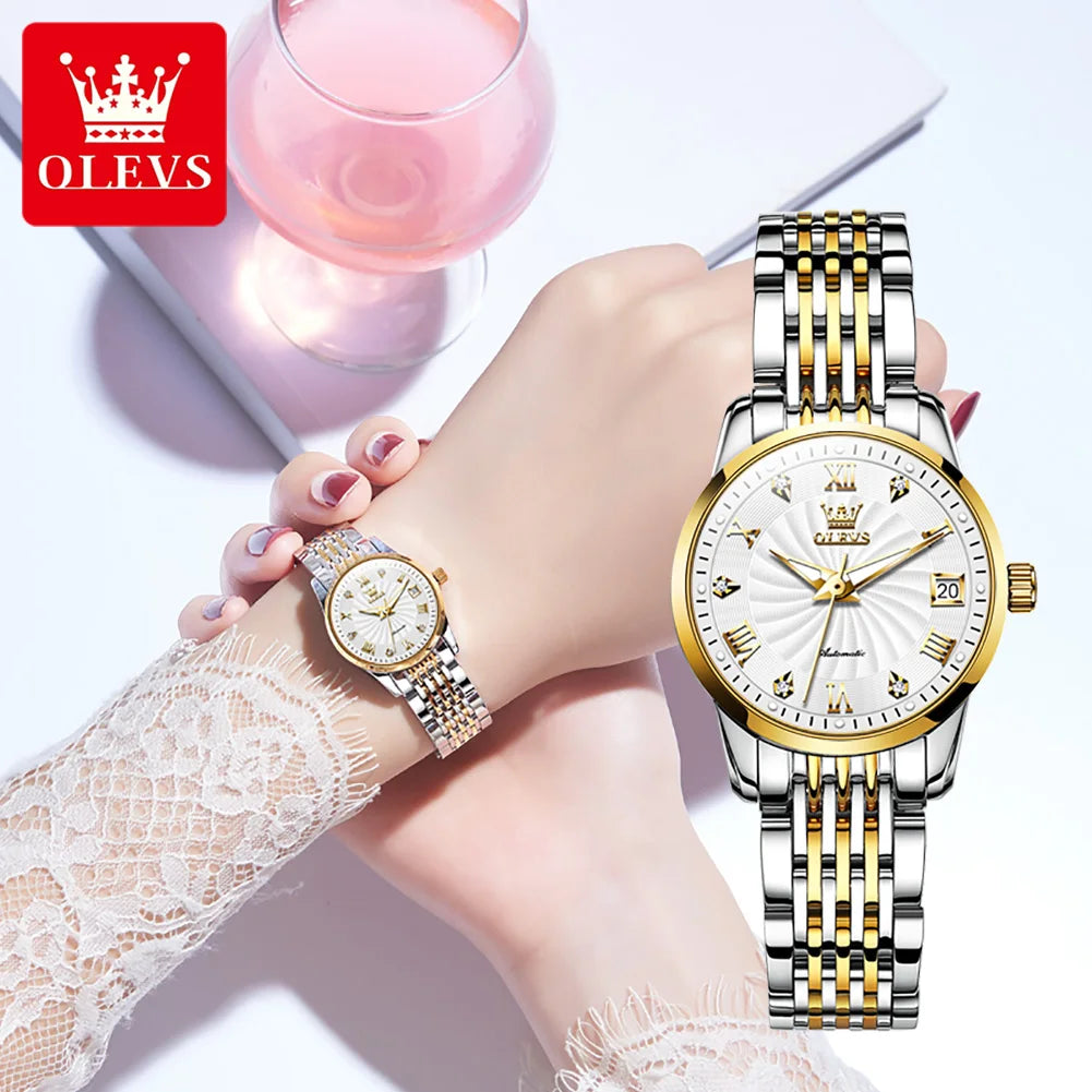 OLEVS 6630 Damenuhr Luxus Elegant Diamant Mechanische Damenuhren Wasserdicht Römische Skala Top-Marke Damen Handuhr