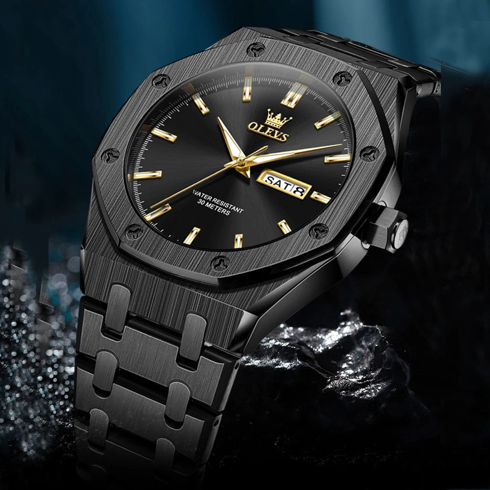 OLEVS 3726 Herrenuhr Chronograph Datum Wochentag Quarzuhren für Herren Edelstahl Luxus-Armbanduhr Wasserdicht Leuchtend Reloj