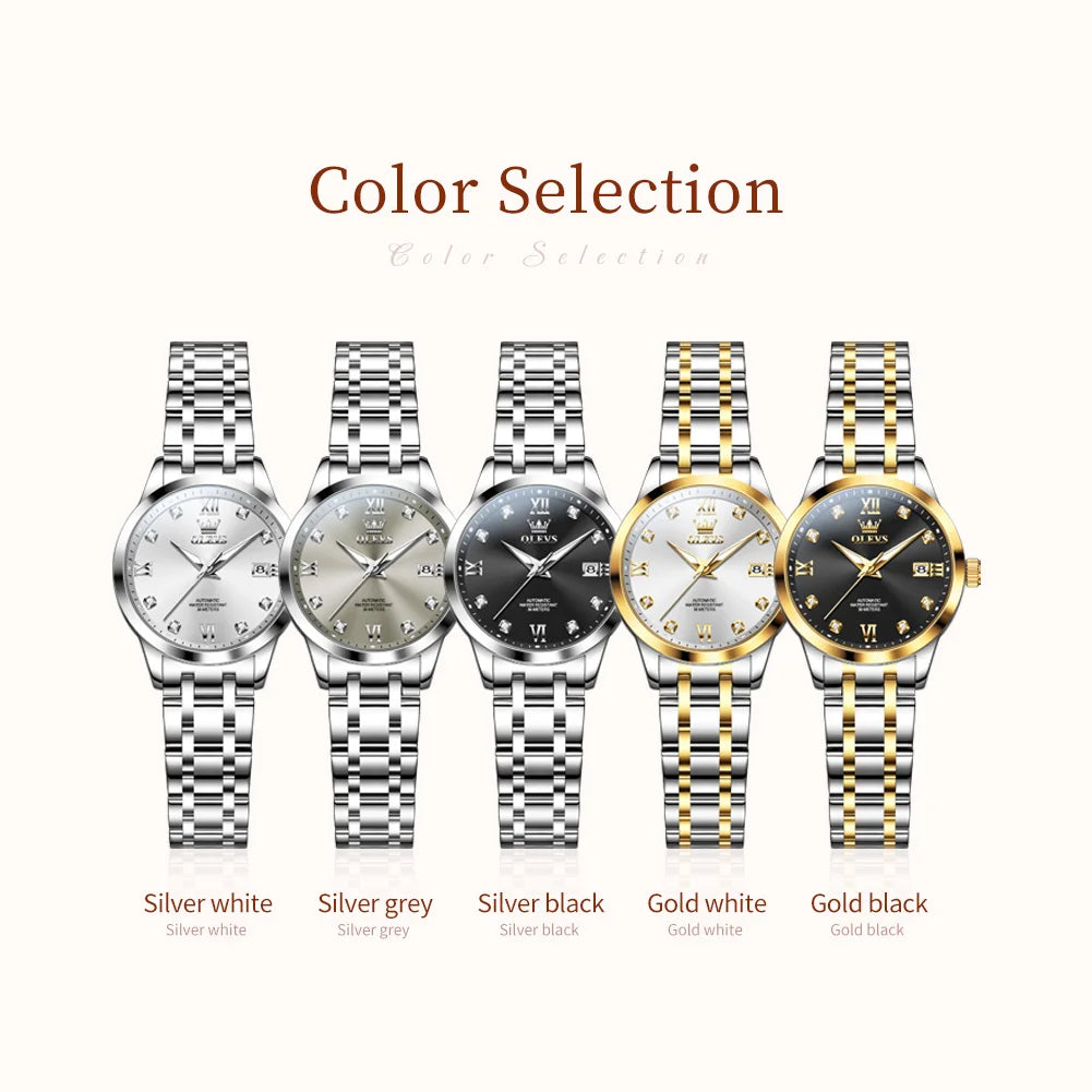 OLEVS Uhren Damen Automatikuhr Mechanische Uhr Mode Original Diamant Skala Damenuhr Kalender Luxus Kleid Handuhr 9946