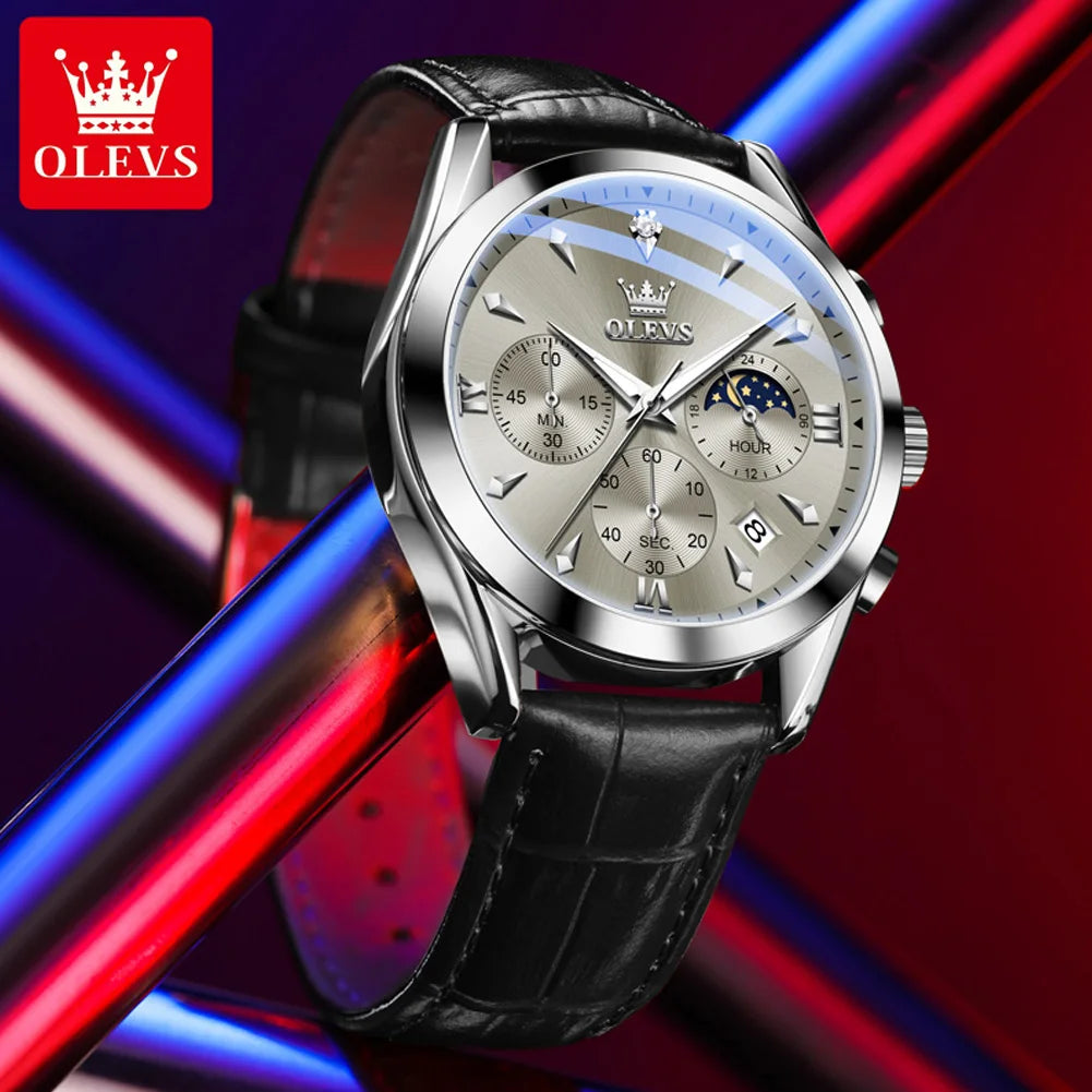 OLEVS 3609 Watch For Men Fashion Calendar Waterproof Luminous Male Hand Clock Chronograph Moon Phase Quartz Business Man Watches