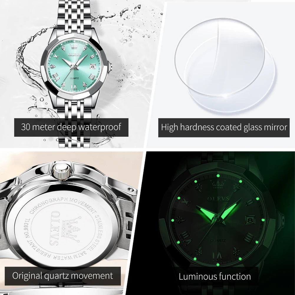 OLEVS 9931 Original Quarzuhren für Damen, Rauten-Spiegel, wasserdicht, leuchtend, Edelstahl-Armbanduhren, Kalender, Neu
