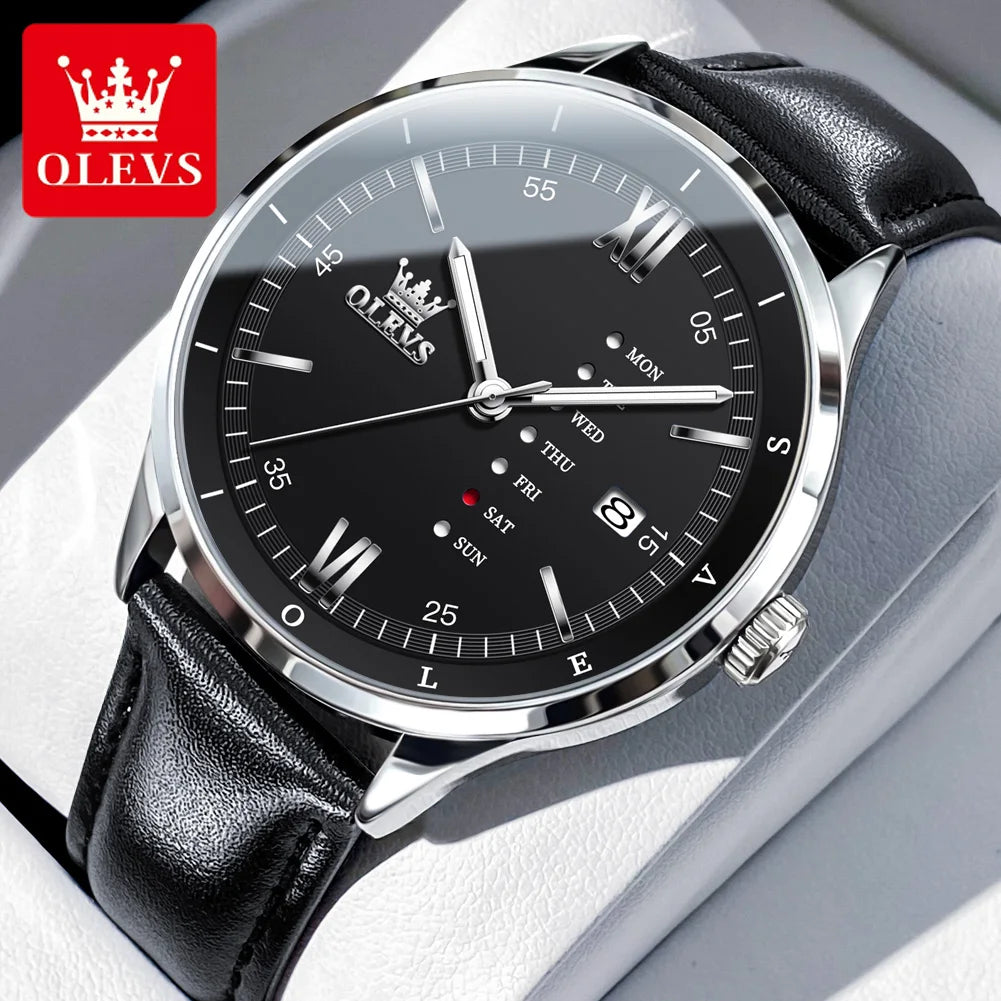 OLEVS Herrenuhren Schlichte Quarz-Kleid-Wochen-Datumsanzeige Für Herren Wasserdicht Leuchtendes Leder Business-Herrenuhr 2931