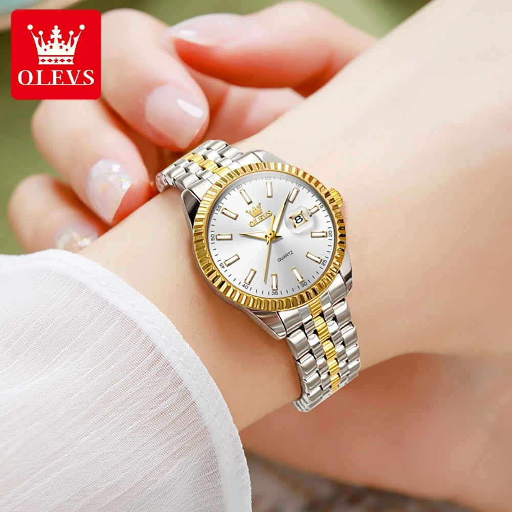 OLEVS 5593 Quarz Damenuhr Top Marke Original Uhr für Frauen Wasserdicht Leuchtend Luxus Kalender Edelstahl Zeigeruhr