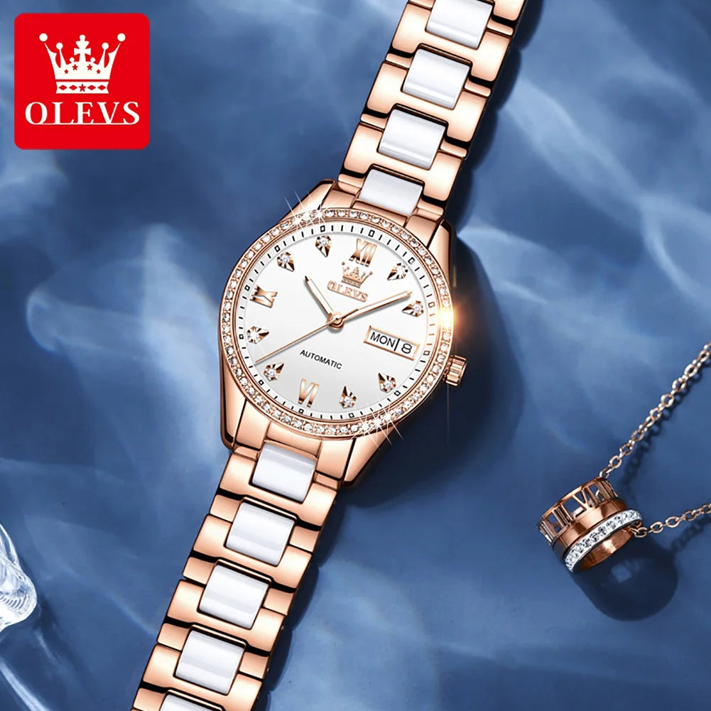 OLEVS 6637 Damenarmbanduhren Wasserdichte Dual-Kalender Mechanische Uhr für Frauen Original Diamant-Skala Leuchtende Luxus-Handuhr