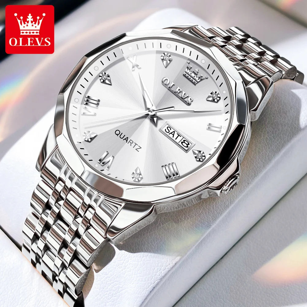 OLEVS 9931 Uhr für Herren und Damen Römische Skala Quarz-Paaruhr Rhombus-Spiegel Automatisches Datum Armbanduhr Luxus Wasserdichte Handuhr