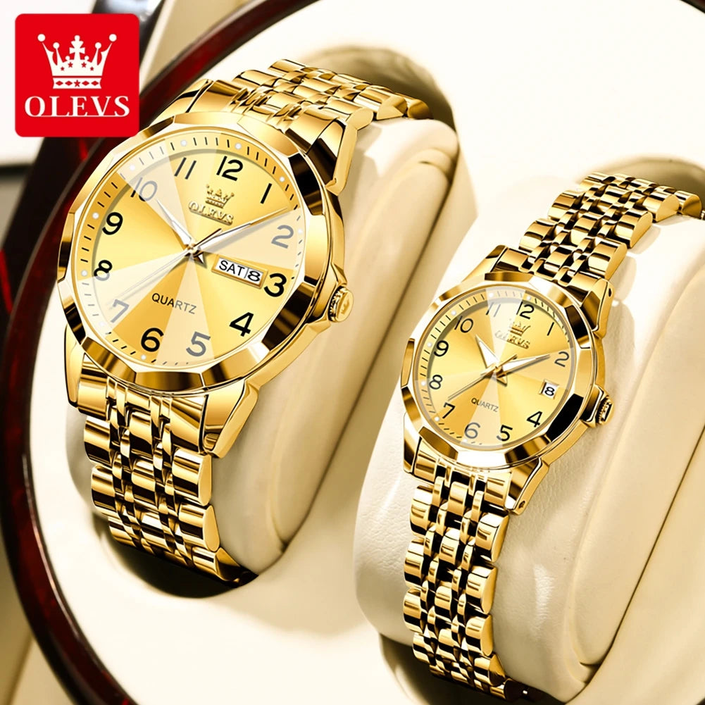 OLEVS 9970 Paar-Armbanduhr für Herren und Damen, luxuriöses Zifferblatt, Rhombus-Spiegel, Quarz-Handuhr, Edelstahl, originale Kleideruhren