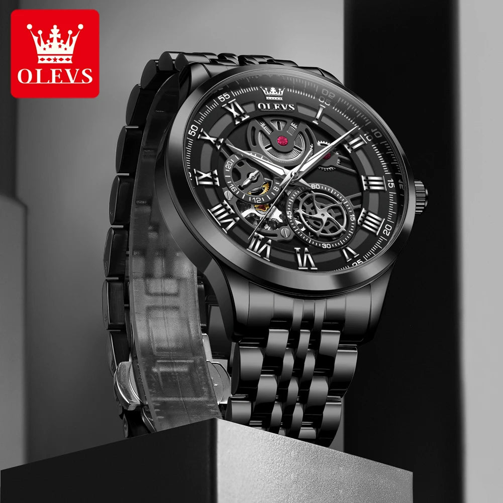 OLEVS 7076 Herren Automatikuhr Mode Hohl Mechanische Uhr Für Herren Wasserdicht Edelstahlarmband Römische Ziffern Skala Handuhr