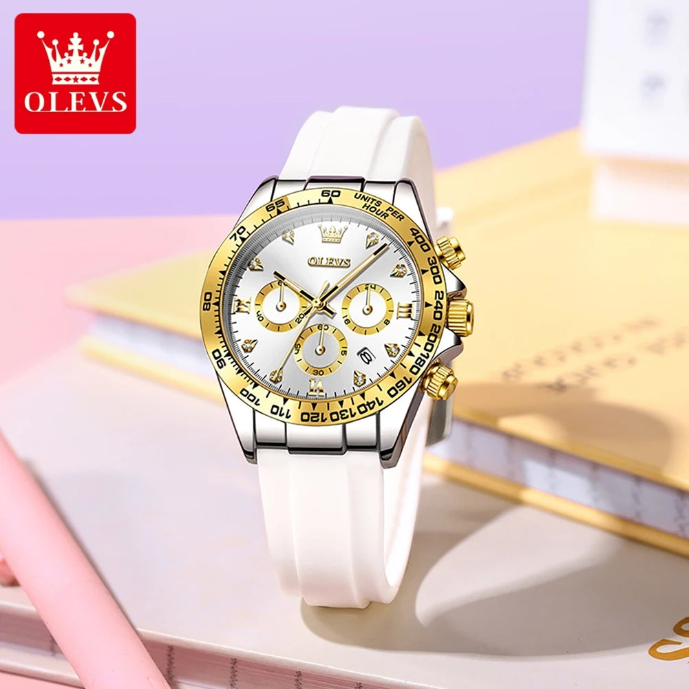OLEVS 5618 Damenarmbanduhren Mode Kalender Quarzuhr für Damen Luxus Chronograph Wasserdichtes Silikonarmband Damenuhr