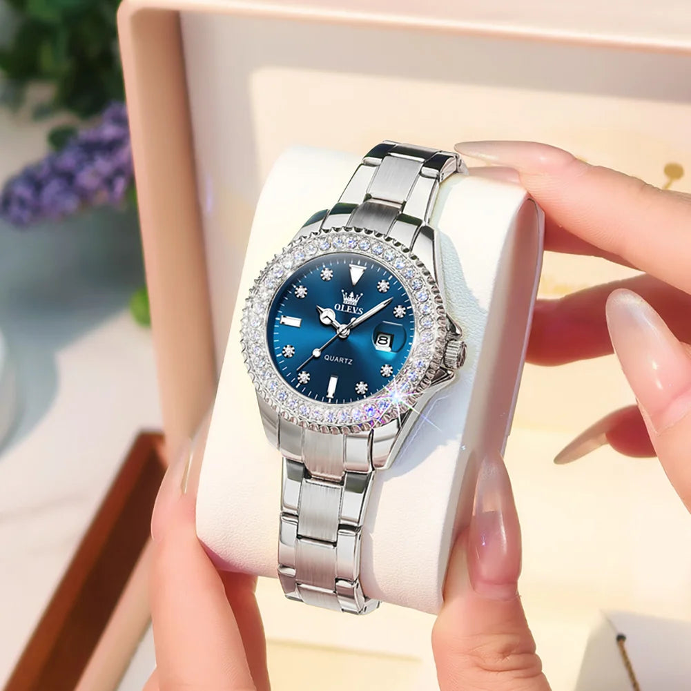 OLEVS 9945 Armbanduhr für Damen, klassisch, modisch, Datum, wasserdicht, Quarz, Damen-Kleideruhr, Luxus-Diamantskala, Originaluhren
