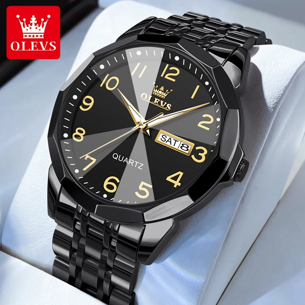 OLEVS 9970 Paar-Armbanduhr für Herren und Damen, luxuriöses Zifferblatt, Rhombus-Spiegel, Quarz-Handuhr, Edelstahl, originale Kleideruhren