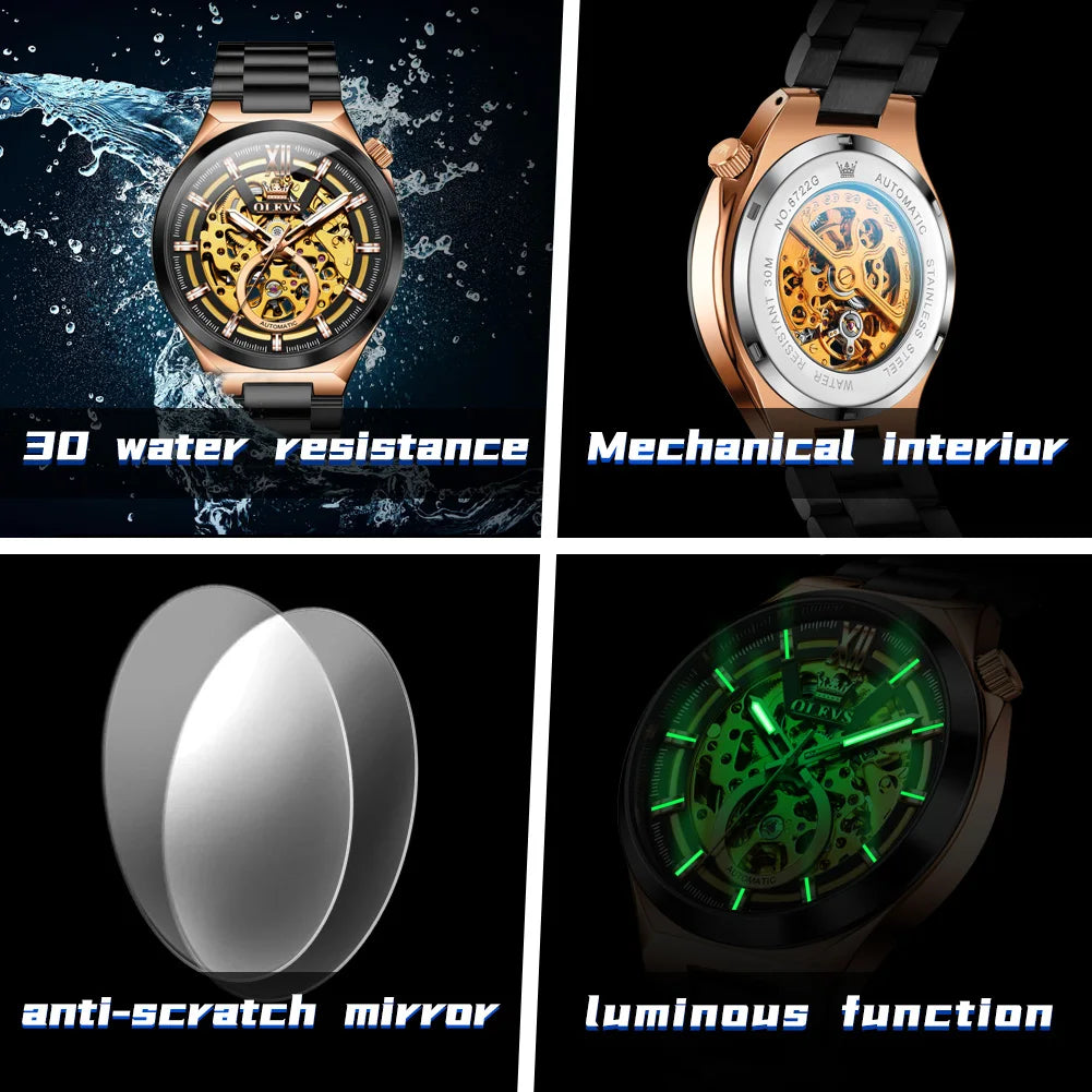 OLEVS 6722 Armbanduhr für Herren, modische, originelle, hohle, automatische mechanische Uhr, Top-Marke, wasserdicht, leuchtend, luxuriöse Herrenuhr