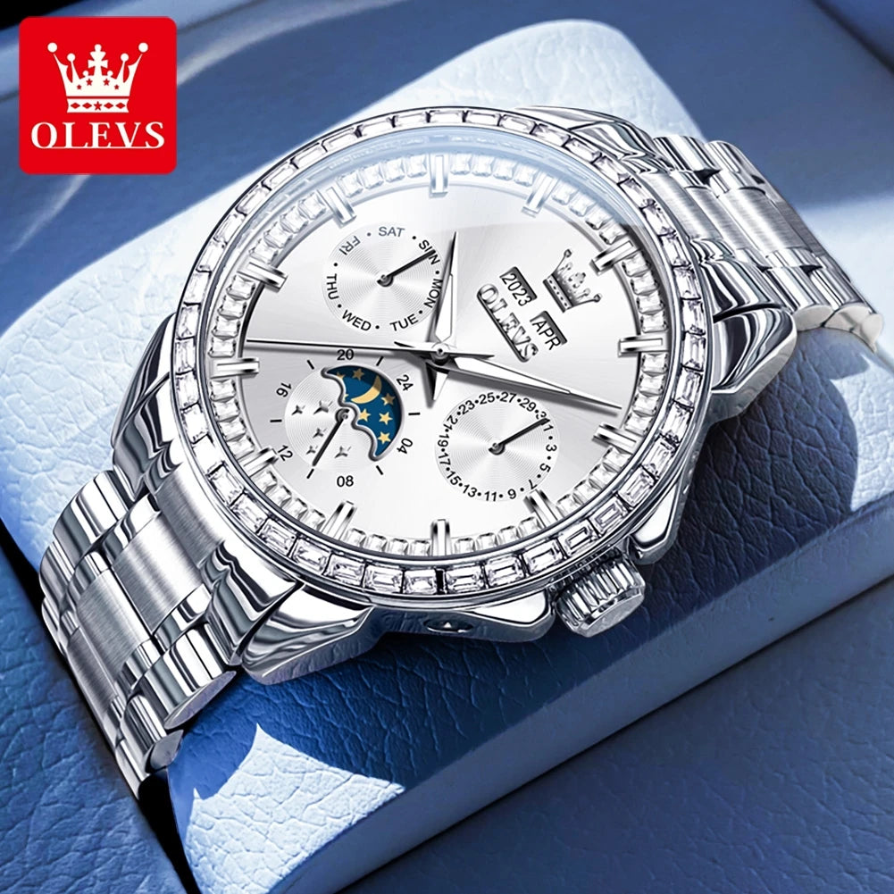 OLEVS 6695 Luxus-Geschäftsuhren für Herren, Mondphasen-Automatikuhr, wasserdichte Herrenarmbanduhr, Geschenkbox, Uhr