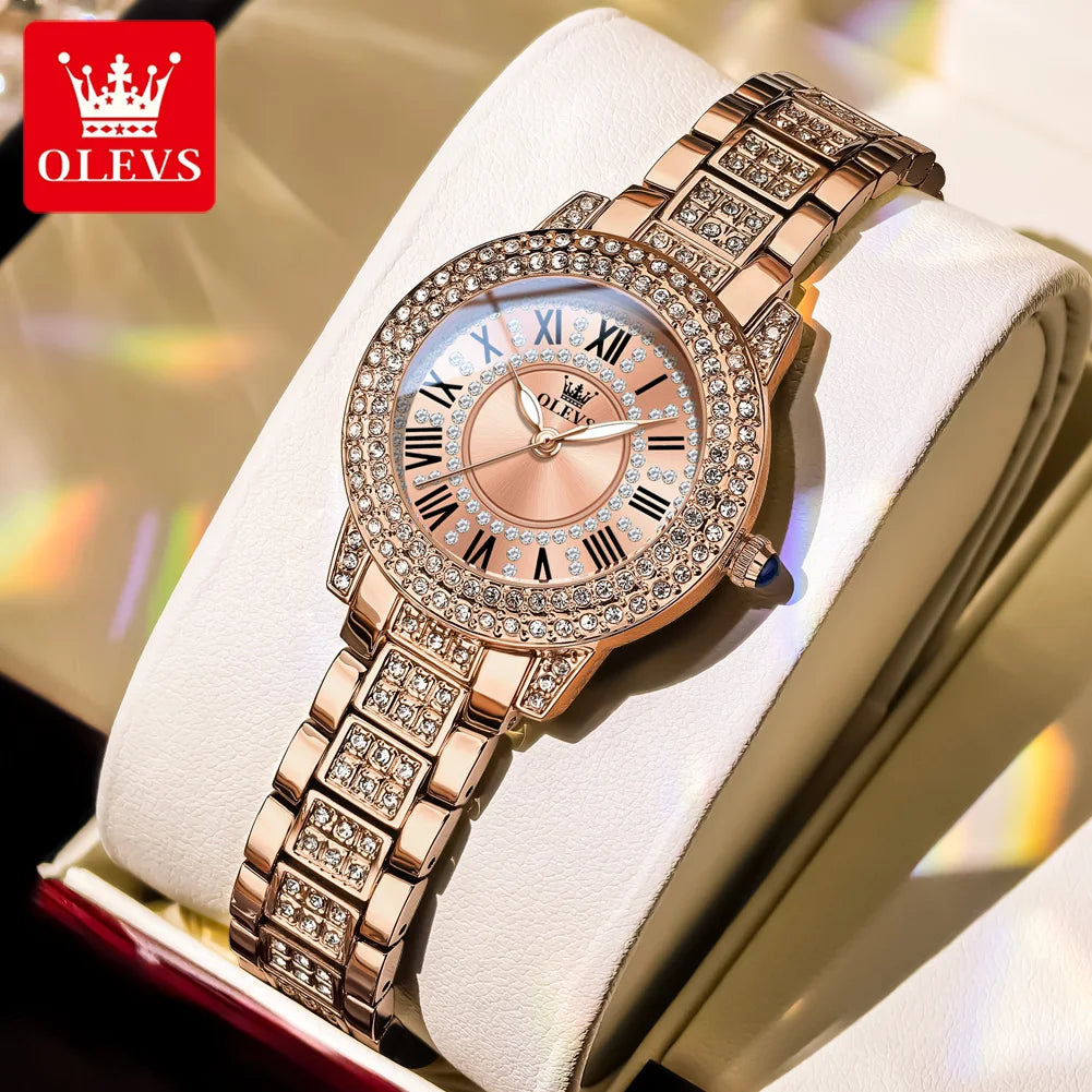 OLEVS Uhren für Damen Luxus Original Quarz Damenuhr Wasserdicht Roségold Stahlband Römisches Zifferblatt Damenuhr 9943