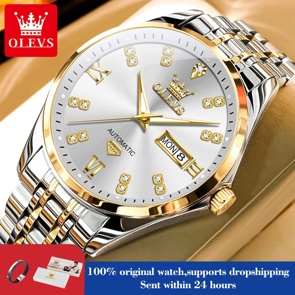 OLEVS 9801 Herrenuhr Wasserdicht Dual Kalender Luxus Mechanische Uhr Für Männer Diamant Zifferblatt Edelstahl Automatische Armbanduhr
