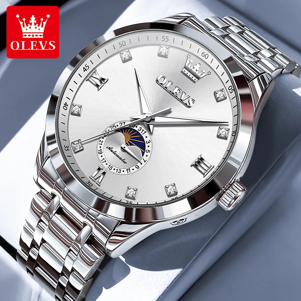 OLEVS 7041 Automatikuhr Herren Mondphase Mechanische Uhr für Herren Luxus Datum Wasserdicht Business Herrenuhr Diamantskala