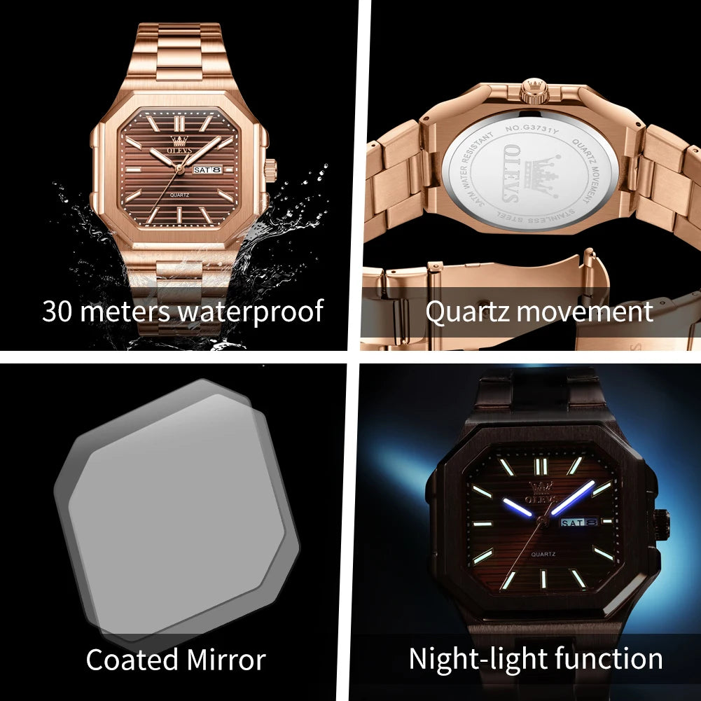 OLEVS 3731 Fashion Week Datum Quadrat Quarz-Uhr Original Wasserdichte Leuchtende Uhren Für Herren Armbanduhr Großes Zifferblatt 44mm