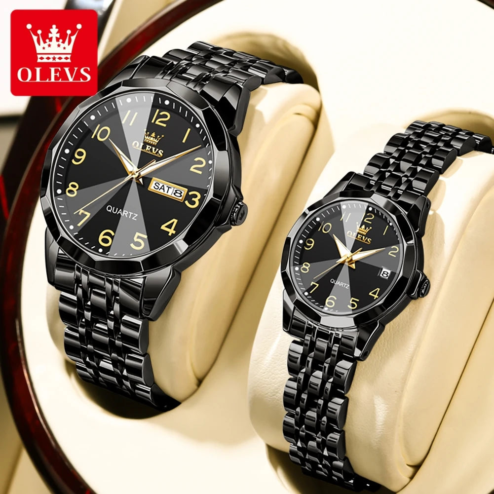OLEVS 9970 Paar-Armbanduhr für Herren und Damen, luxuriöses Zifferblatt, Rhombus-Spiegel, Quarz-Handuhr, Edelstahl, originale Kleideruhren