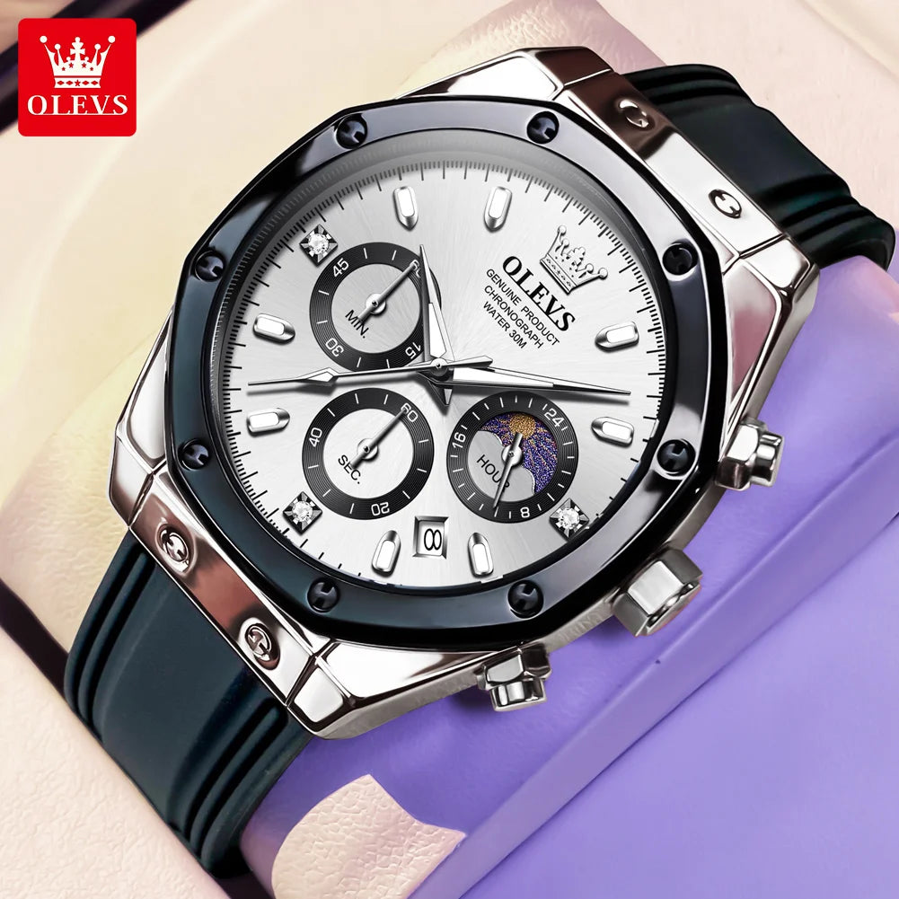 OLEVS 9911 Herren Quarz-Uhr Großes Zifferblatt Chronograph Uhr für Herren Moonswatch Datum Mode Wasserdicht Männliche Armbanduhr Silikonband