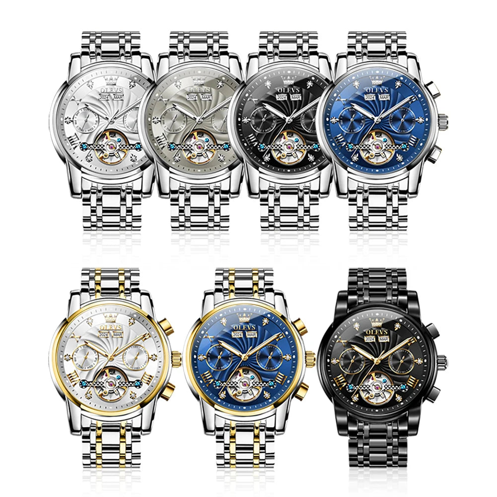 OLEVS Herrenuhr Mode Kalender Mechanische Uhr für Herren Original Hohl-Stahlarmband Business-Armbanduhr Tief wasserdicht 7088