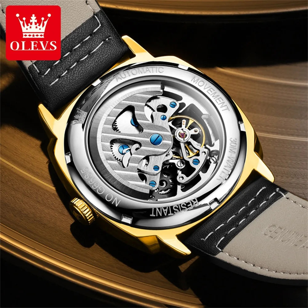 OLEVS 6685 Automatic Watch For Men Original Hollow Skeleton Mechanical Man Watches Top Brand Waterproof Leather Male Hand Clock