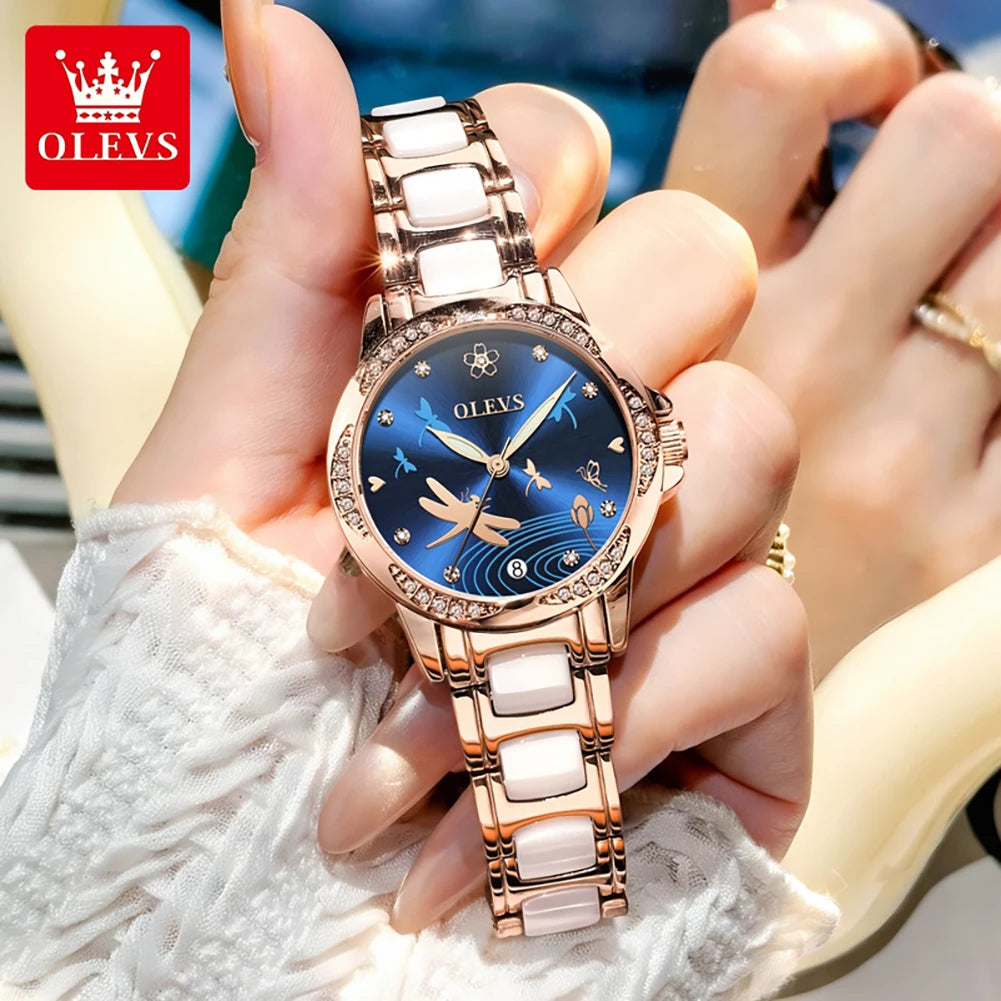 OLEVS Uhren Damen 6610 Automatische Mechanische Uhr Diamantskala Original Uhren für Frauen Kalender Luxus Kleideruhr