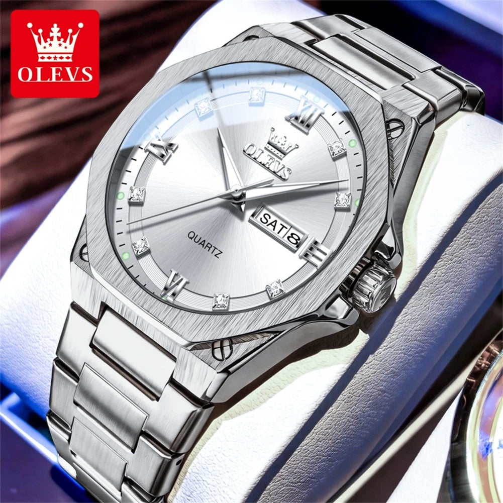 OLEVS 3736 Herrenuhren Wochentag Datum Quarzuhr Wasserdicht Leuchtend Römische Ziffern Edelstahl Luxusuhr Für Herren Reloj