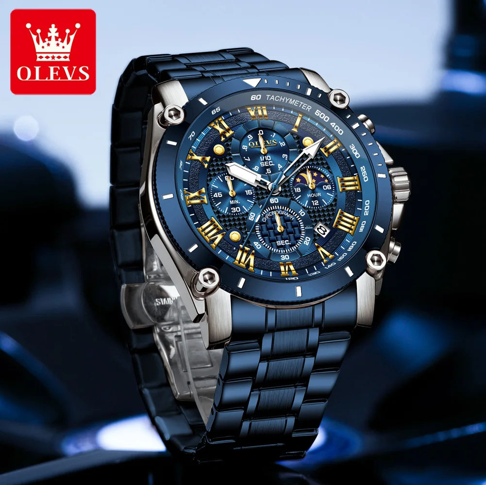 OLEVS 3689 Quartz Men Watch Fashion Original 47mm Big Dial Roman Scale Moon Phase Watch For Men Calendar Waterproof Hand Clock