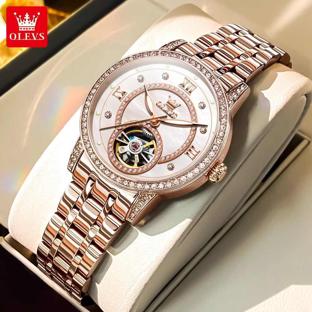 OLEVS Hohl Original Mechanische Uhren Für Frauen Diamant Luxus Automatische Handuhr Wasserdicht Elegante Damenkleideruhren