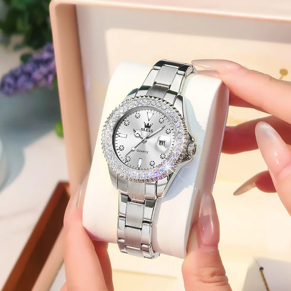 OLEVS 9945 Armbanduhr für Damen, klassisch, modisch, Datum, wasserdicht, Quarz, Damen-Kleideruhr, Luxus-Diamantskala, Originaluhren
