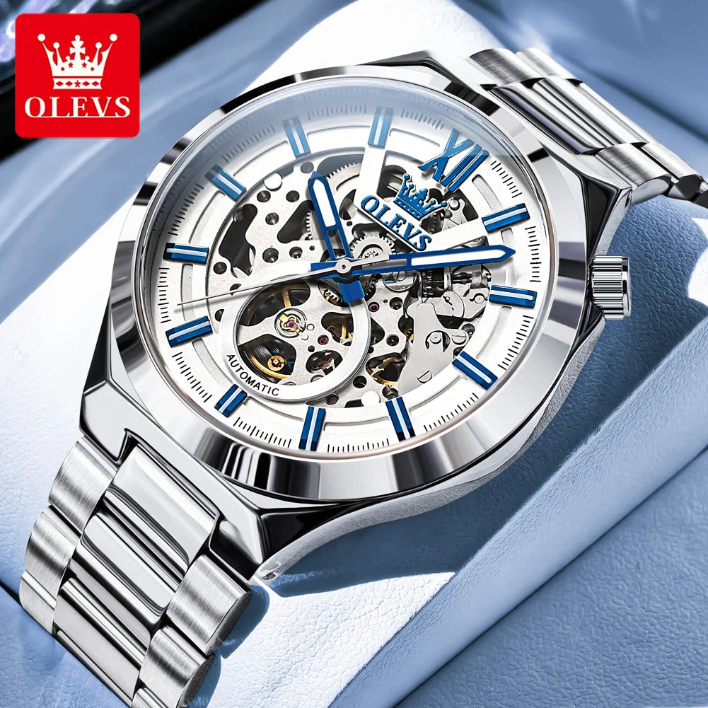 OLEVS 6722 Armbanduhr für Herren, modische, originelle, hohle, automatische mechanische Uhr, Top-Marke, wasserdicht, leuchtend, luxuriöse Herrenuhr