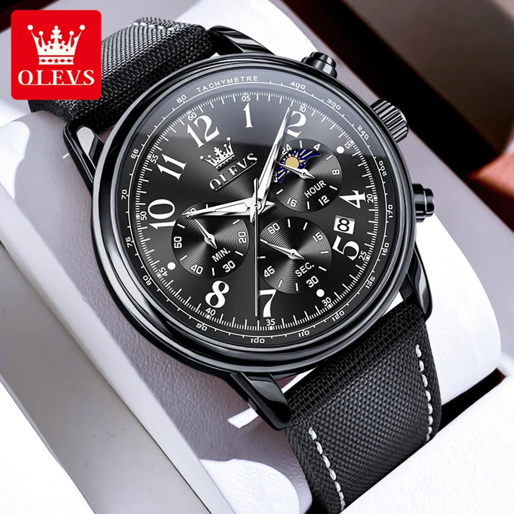 OLEVS 2912 Sport Chronograph Quartz Watch For Men Moon Phase Number 43mm Big Dial Man Watches Waterproof Original Hand Clock
