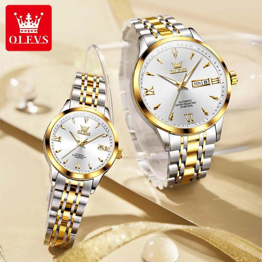 OLEVS 9956 Uhren für Paare Automatische Mechanische Uhren Dual-Kalender Original Edelstahl Zeigeruhr Wasserdicht 9956