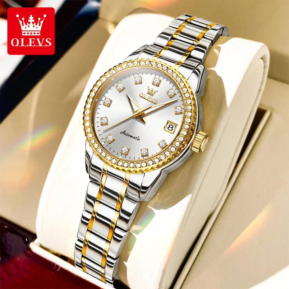 OLEVS 7003 Damen Automatikuhr Diamant-Skala Mechanische Uhr für Damen Stahlarmband Luxus Datum Damenuhr Wasserdicht