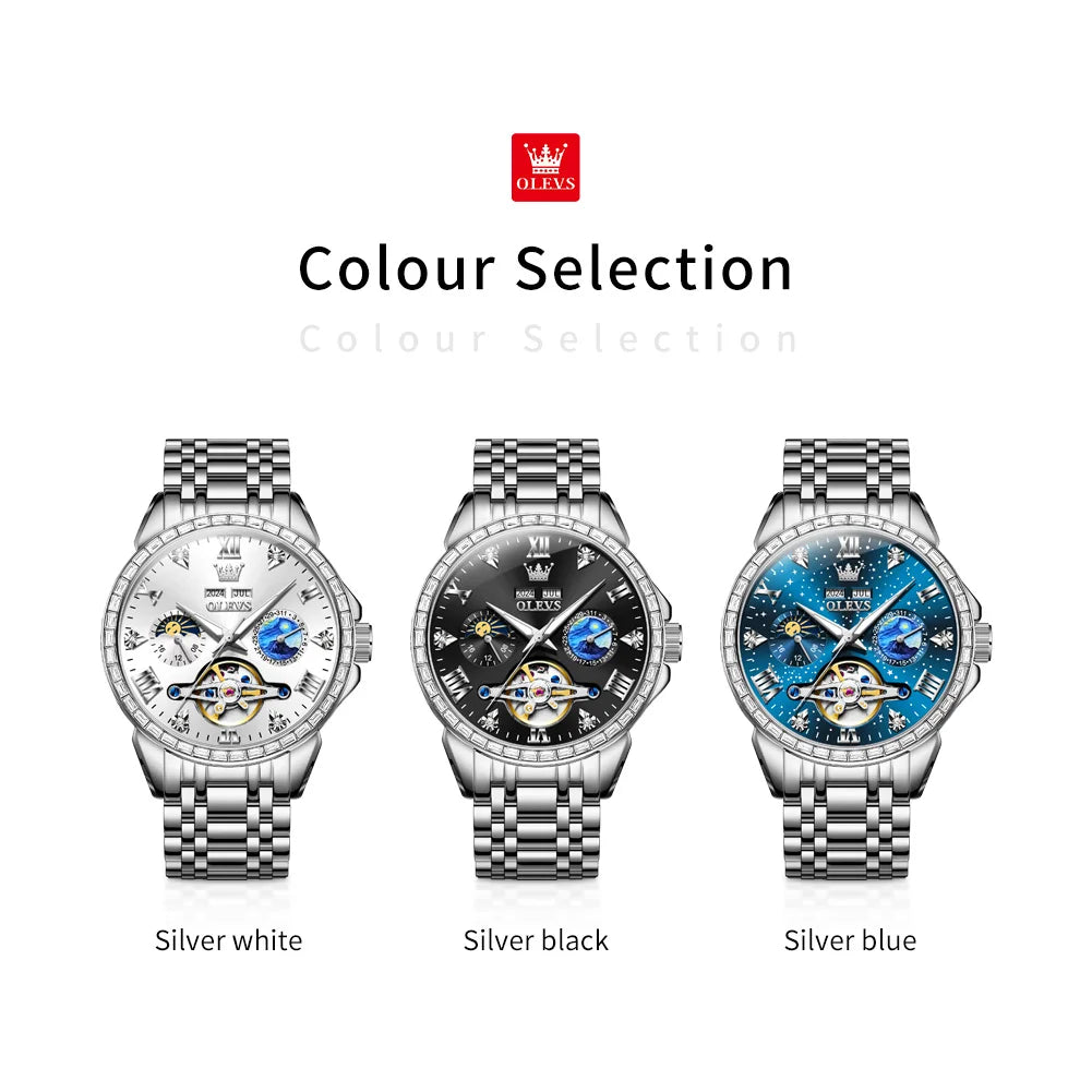 OLEVS Luxus Diamant Skelett Tourbillon Automatik Mechanische Uhr Herren Sternenhimmel Zifferblatt Mondphase Edelstahl Herrenuhr