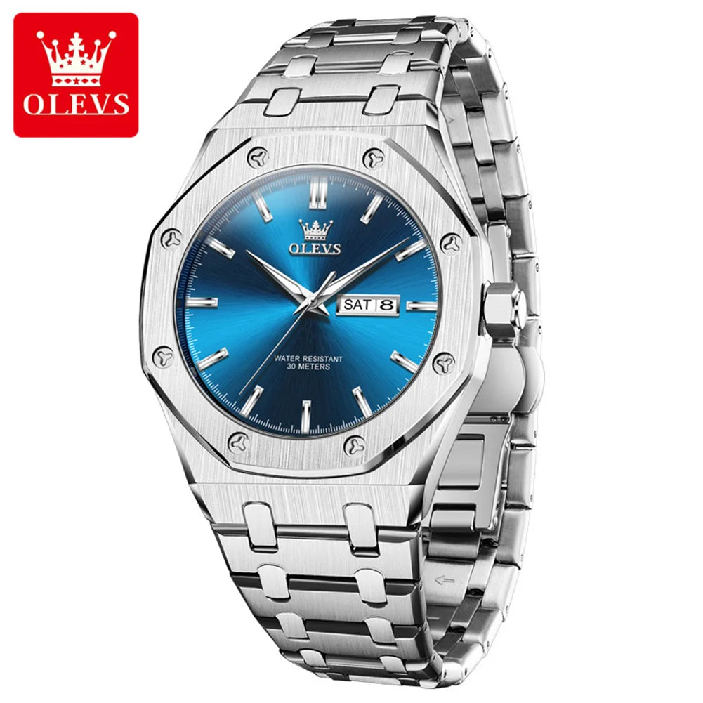OLEVS 3726 Herrenuhr Chronograph Datum Wochentag Quarzuhren für Herren Edelstahl Luxus-Armbanduhr Wasserdicht Leuchtend Reloj