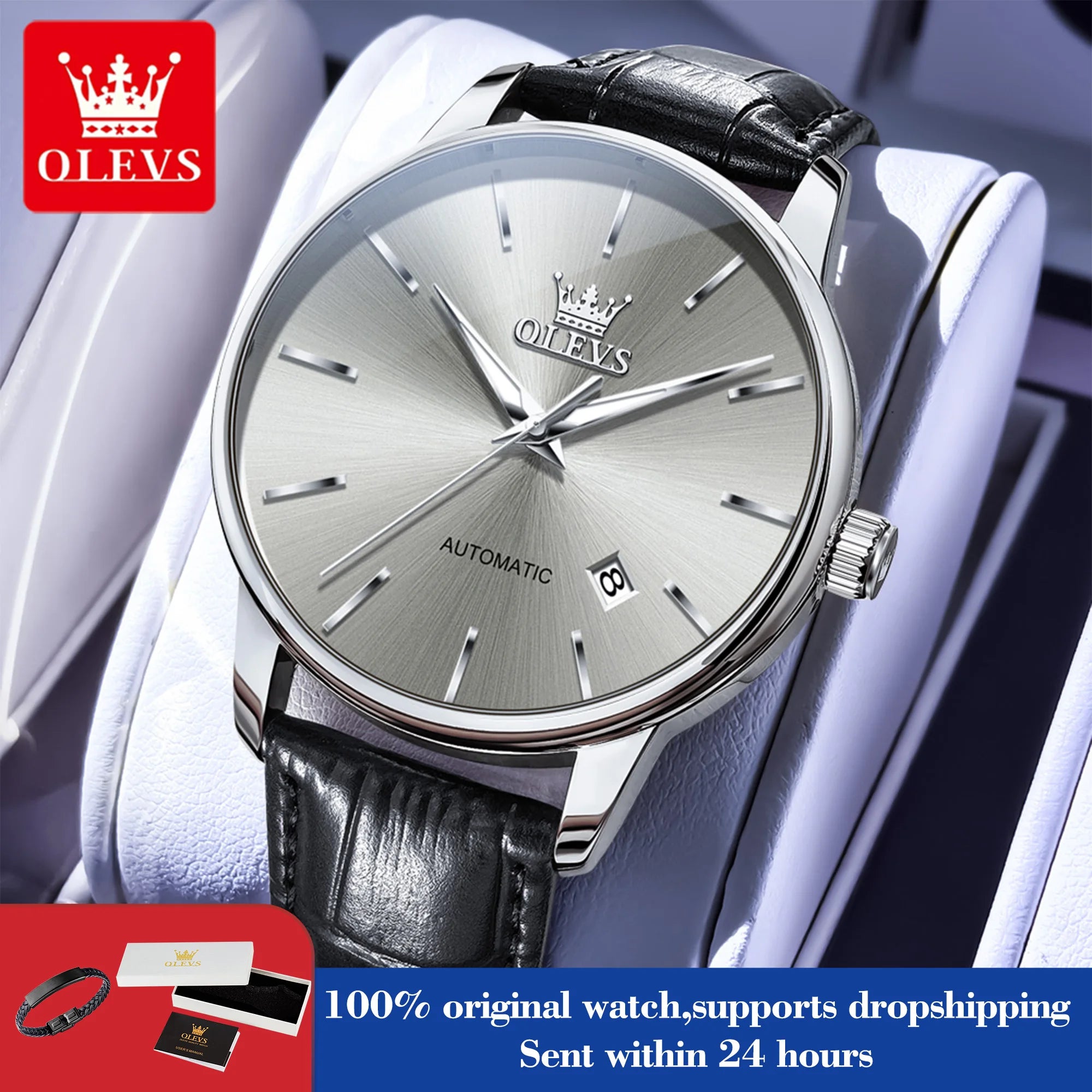 OLEVS 6725 Herren Automatikuhr Klassische Einfache Mechanische Uhr Für Männer Automatisches Datum Original Wasserdichtes Leder Herrenarmbanduhr