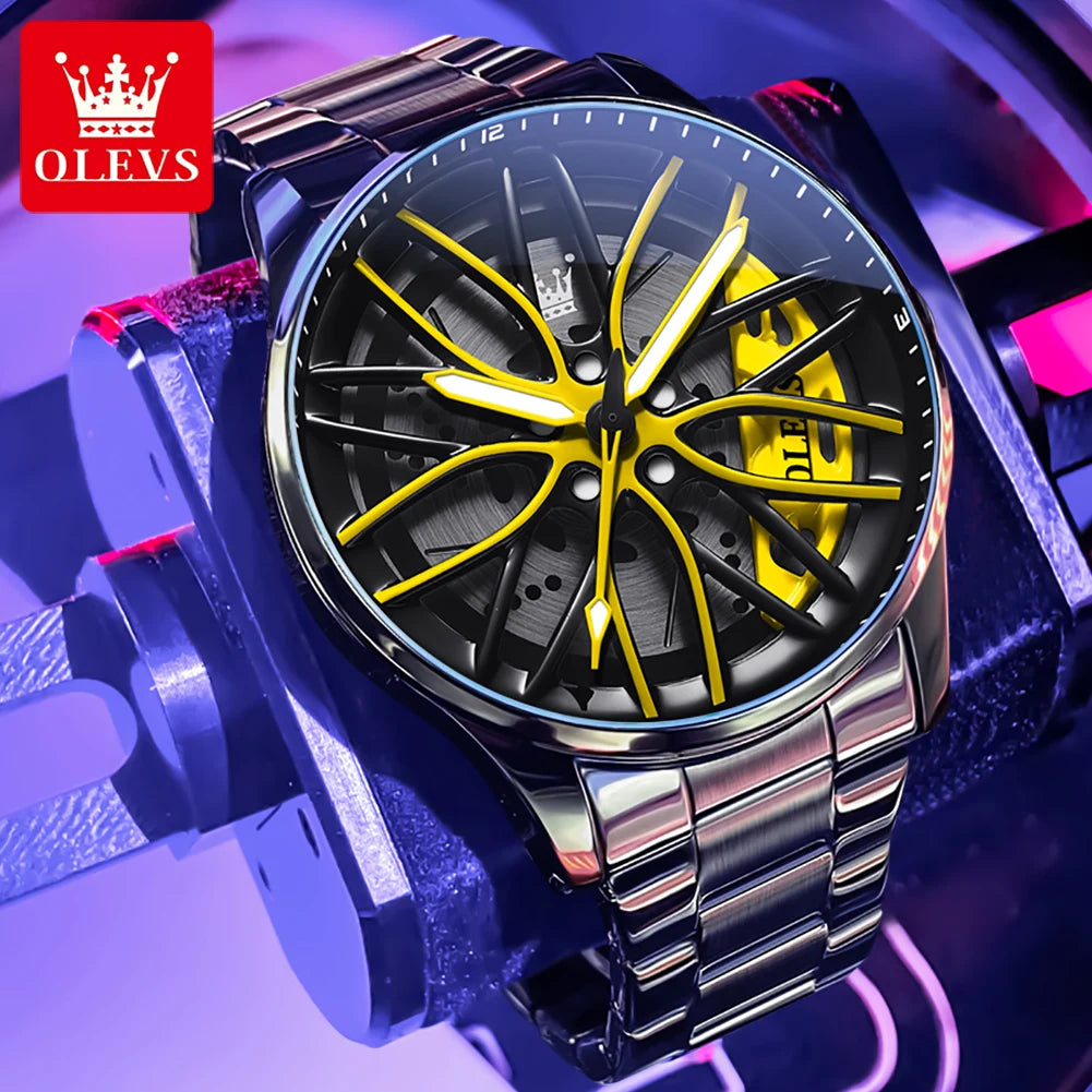 OLEVS Herrenuhr Quarzuhr Original drehbares Radnaben-Zifferblatt Modetrend Wasserdicht Leuchtend Edelstahl Armbanduhr 9937