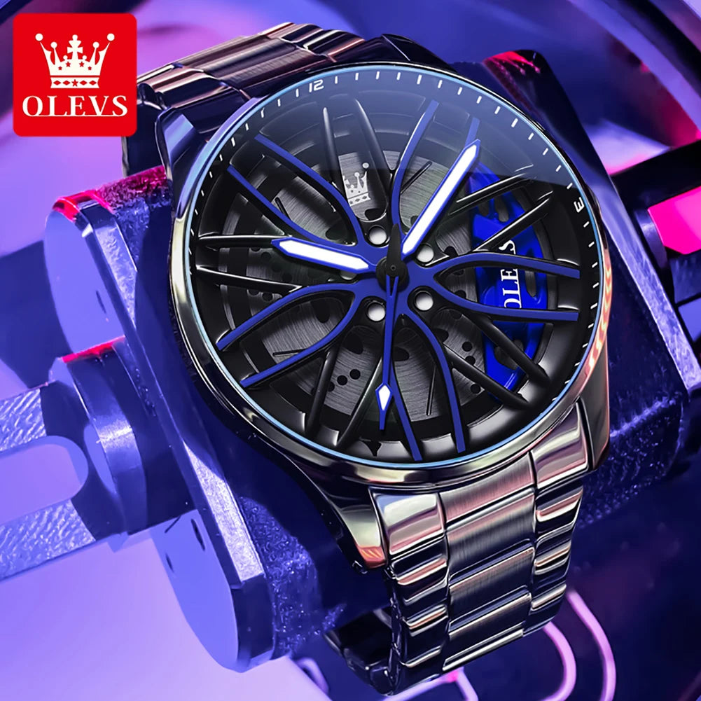 OLEVS Herrenuhr Quarzuhr Original drehbares Radnaben-Zifferblatt Modetrend Wasserdicht Leuchtend Edelstahl Armbanduhr 9937