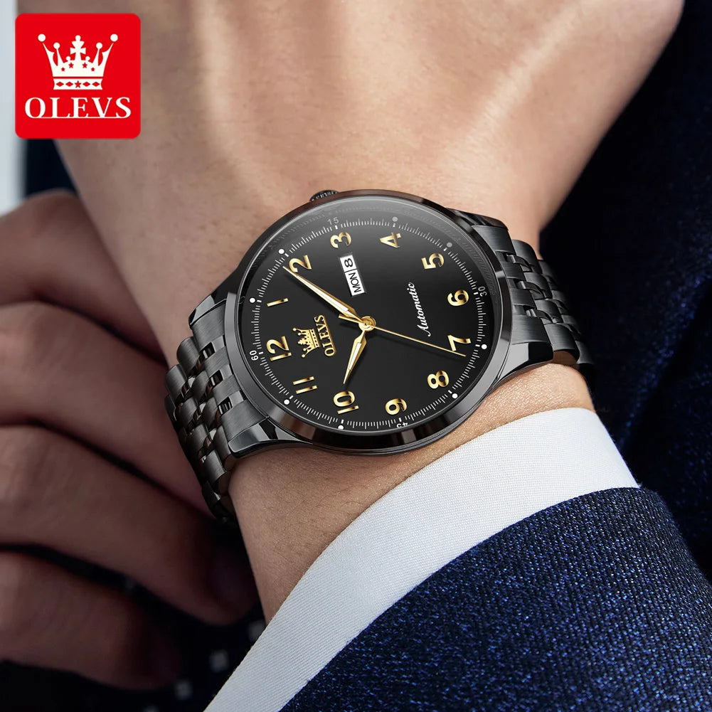 OLEVS Herren Luxus Mechanische Armbanduhren für Herren Wasserdichte Leuchtende Dual-Kalender Uhren Edelstahl-Uhr 7100