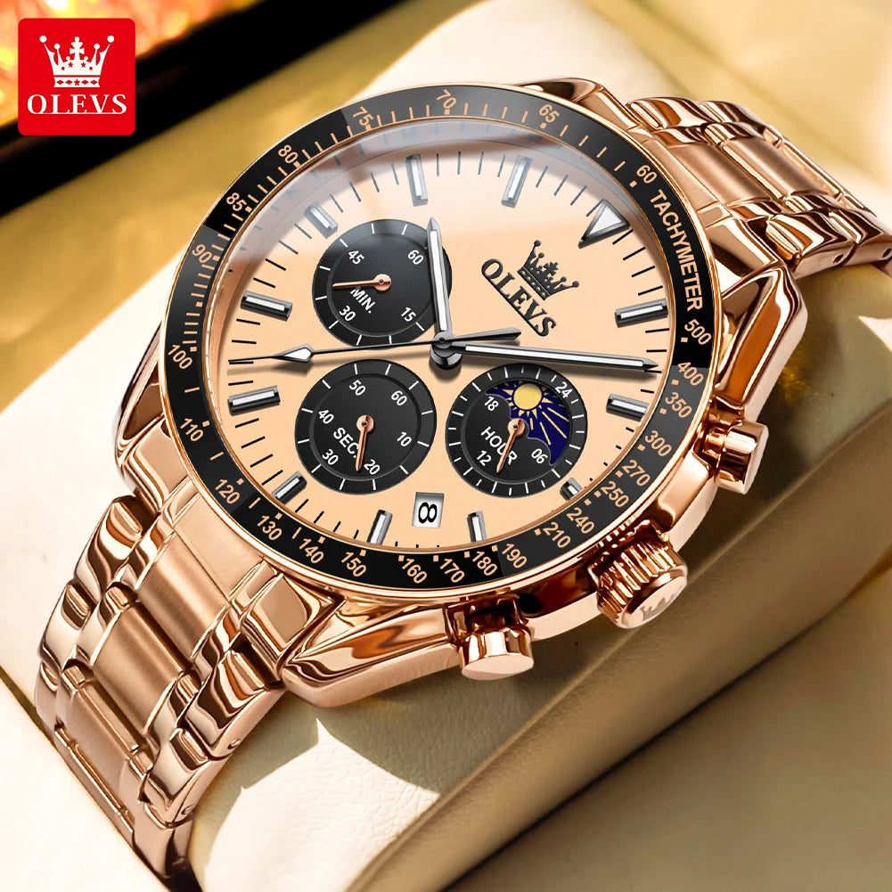 OLEVS 3618 Quartz Watch For Men Original Chronograph Moon Phase 24 Hours Display Hand Clock Stainless Steel Top Brand Man Watch
