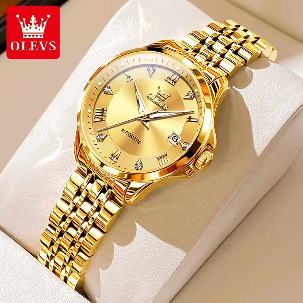 OLEVS 6702 Damenuhr Stahlarmband Automatische Datumsanzeige Mechanische Uhr für Damen Römische Skala Luxus Leuchtend Wasserdicht Damenuhr