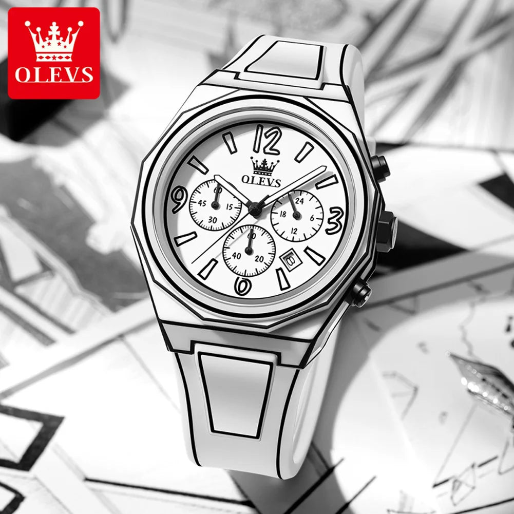 OLEVS 5622 Comic Style Quarzuhr für Herren Chronograph Wasserdicht Leuchtzeiger Ziffernblatt Datum Silikon-Herrenuhren