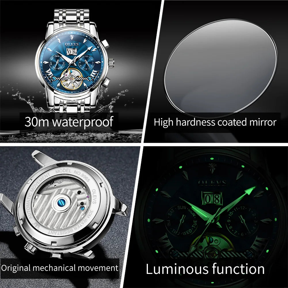 OLEVS 9965 Erkek Otomatik Saat İskelet Uçan Tekerlek Su Geçirmez Erkek Kol Saatleri Hafta Takvimi Lüks Erkek Mekanik Kol Saati