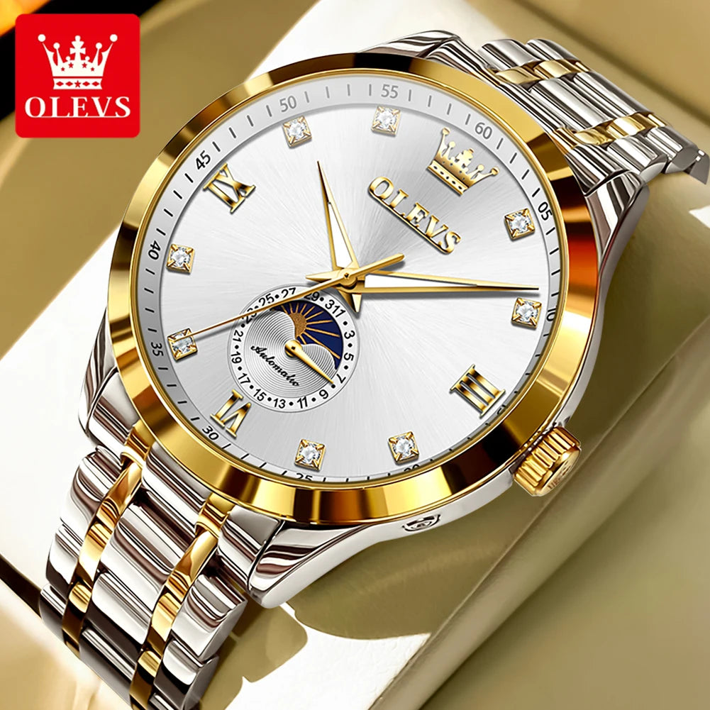OLEVS 7041 Automatikuhr Herren Mondphase Mechanische Uhr für Herren Luxus Datum Wasserdicht Business Herrenuhr Diamantskala