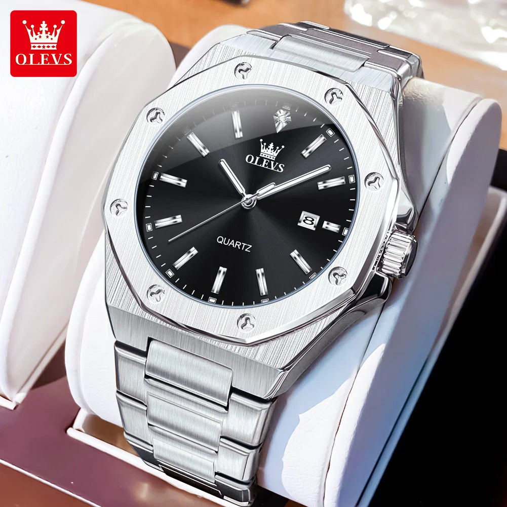 OLEVS 3613 Watch For Men Original Luxury Date Luminous Quartz Male Dress Hand Clock Waterproof Stainless Steel Strap Man Watch