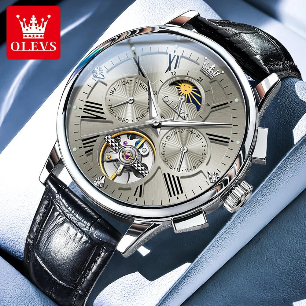 OLEVS Luxus-Herrenuhren Original Fashion Skeleton Automatische mechanische Uhren Wasserdichte Mondphasenuhren für Männer 9912