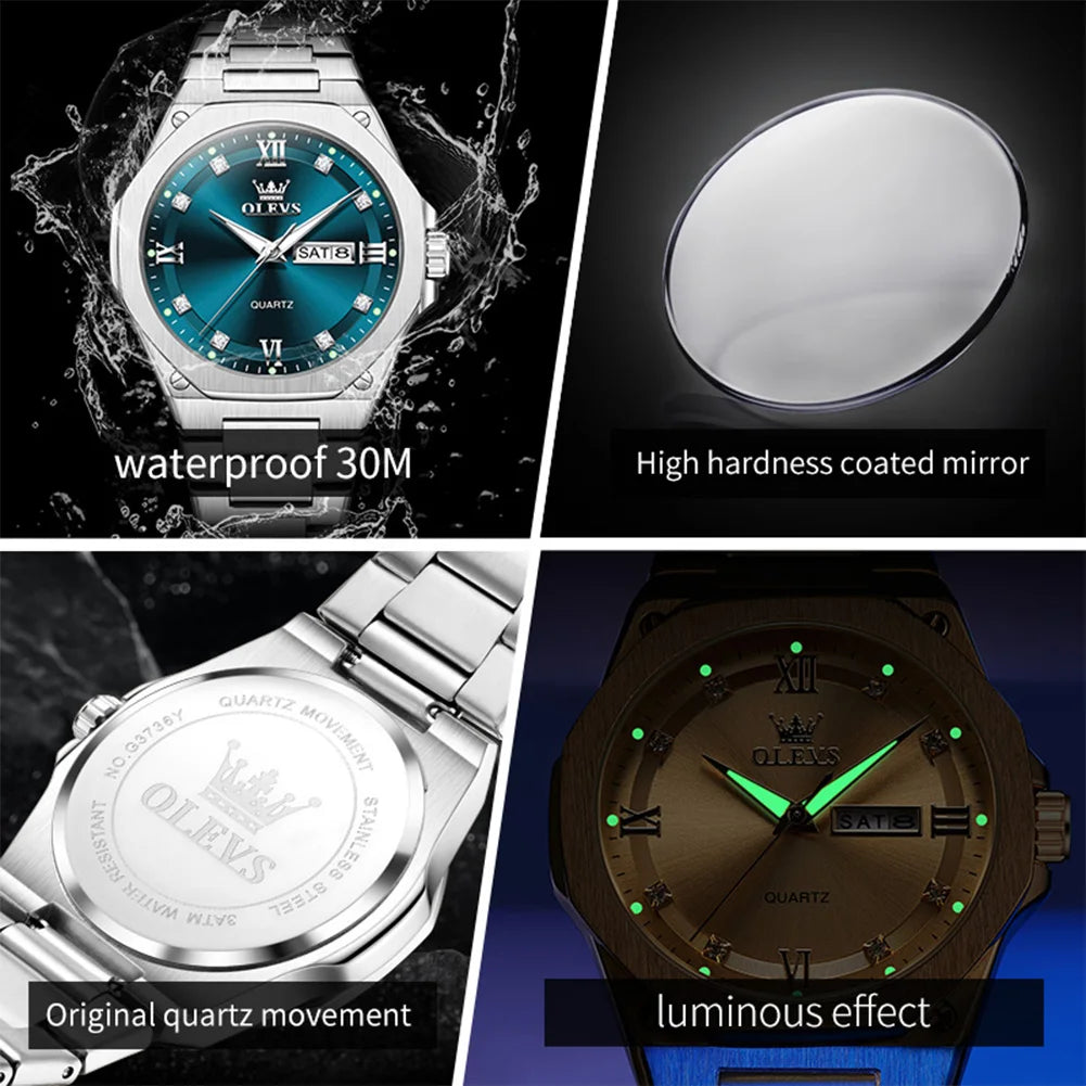 OLEVS 3736 Herrenuhren Wochentag Datum Quarzuhr Wasserdicht Leuchtend Römische Ziffern Edelstahl Luxusuhr Für Herren Reloj